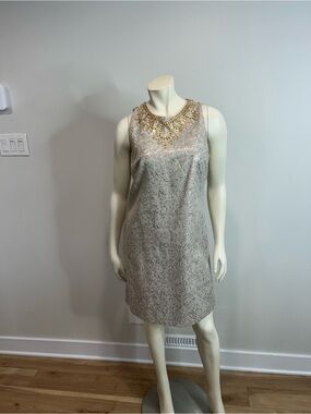 Cream Gold Jacquard Mini Dress with Gold Bead Embellished Neckline❤️6